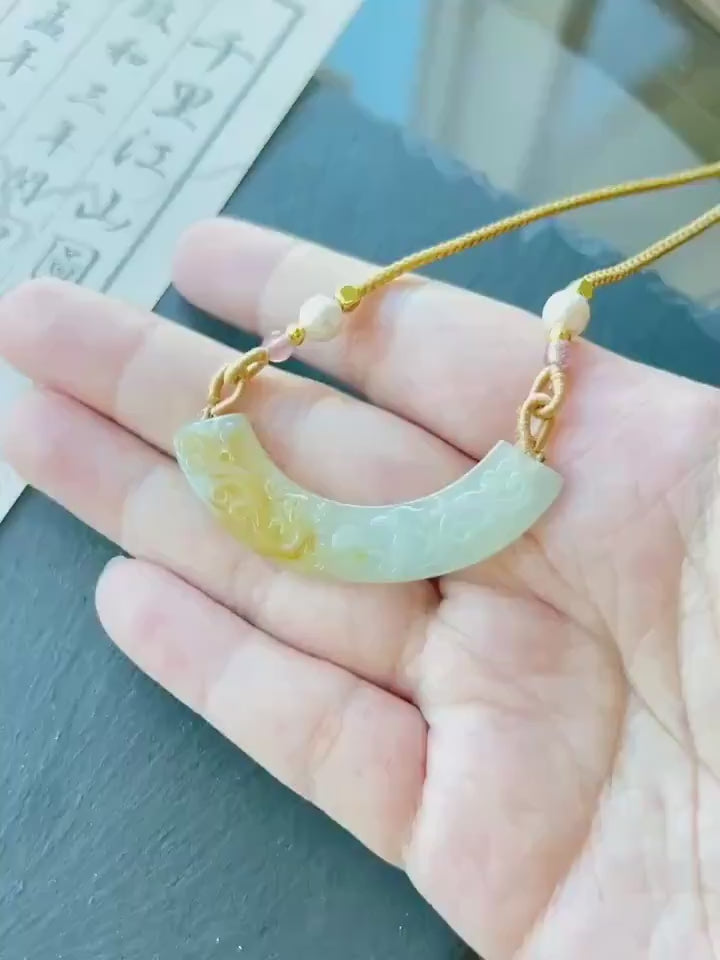 Natural Jadeite Double Dragon & Pearl Pendant Adjustable Necklace Burmese Type A Unheated Translucent Icy Pale Green and Honey Yellow Jade