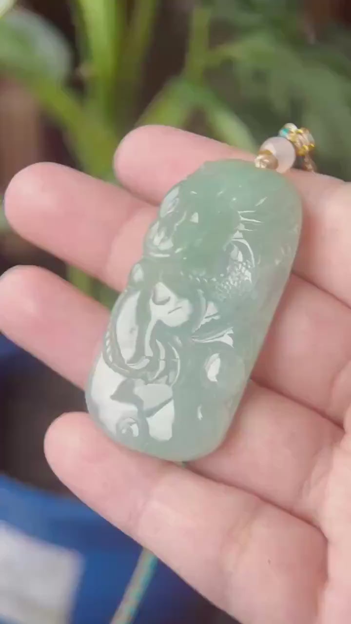 Burmese Blue Jadeite Dragon Pendant Handwoven Necklace: Hand-Carved Natural Untreated Type A Green Blue Myanmar Jade