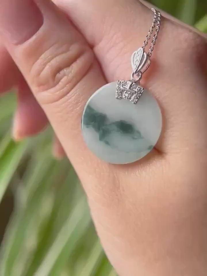 Jadeite Jade Pendant Sterling Silver Necklace Jewelry Gift for Her Burmese Untreated Type A Translucent Icy Blue Floral Jadeite Peace Plaque
