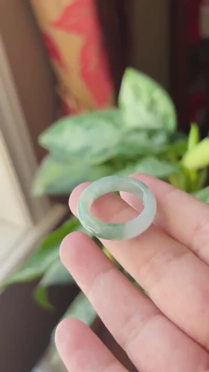 Natural Jadeite Ring Band | Burmese Type A Highly Translucent Icy White Base & Bluish Moss Green Floral Jade | US Size 9