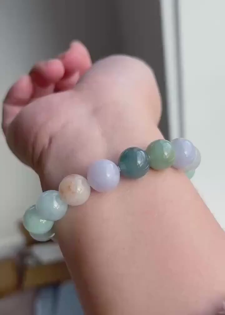 Natural Jadeite Large Beaded Bracelet | Burmese Type A Icy Gelatinous Macaron Multicolor Jade 12.5mm