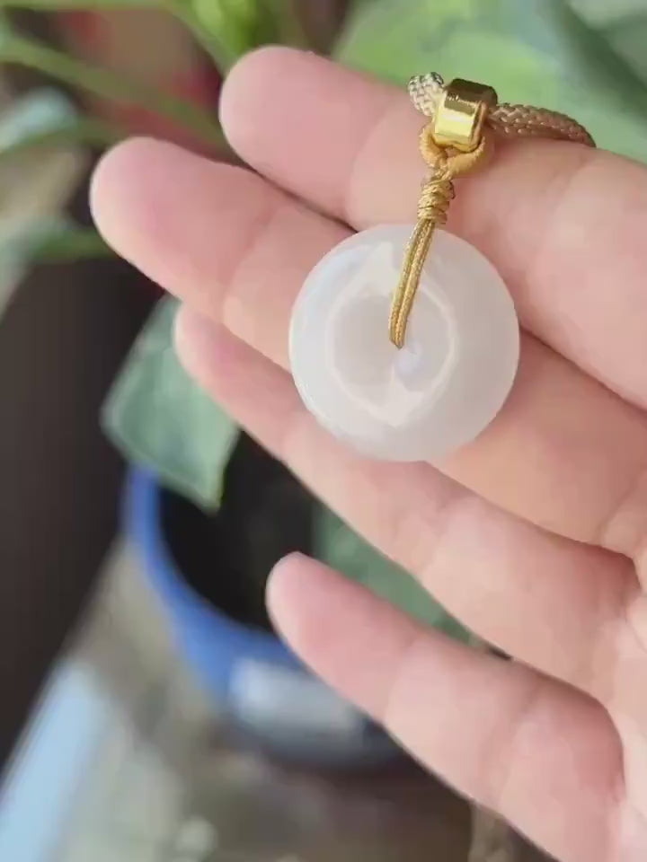 Natural Jadeite Lucky Donut Pendant Handwoven Necklace Burmese Type A Highly Translucent Icy White Jade PingAnKou 23.7 x 5.9mm