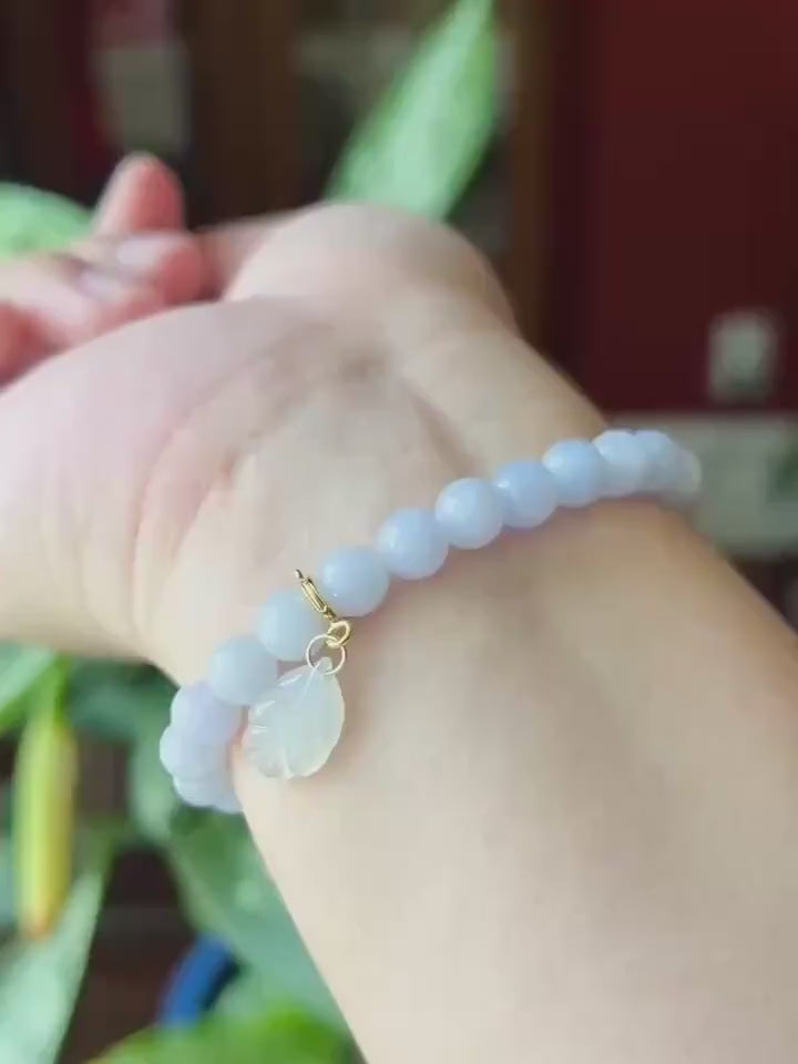 Natural Jadeite Beaded Bracelet Burmese Type A Fine Glutinous Icy Pinkish Lavender Jade 7mm Minimalist Jewelry Icy Leaf Charm