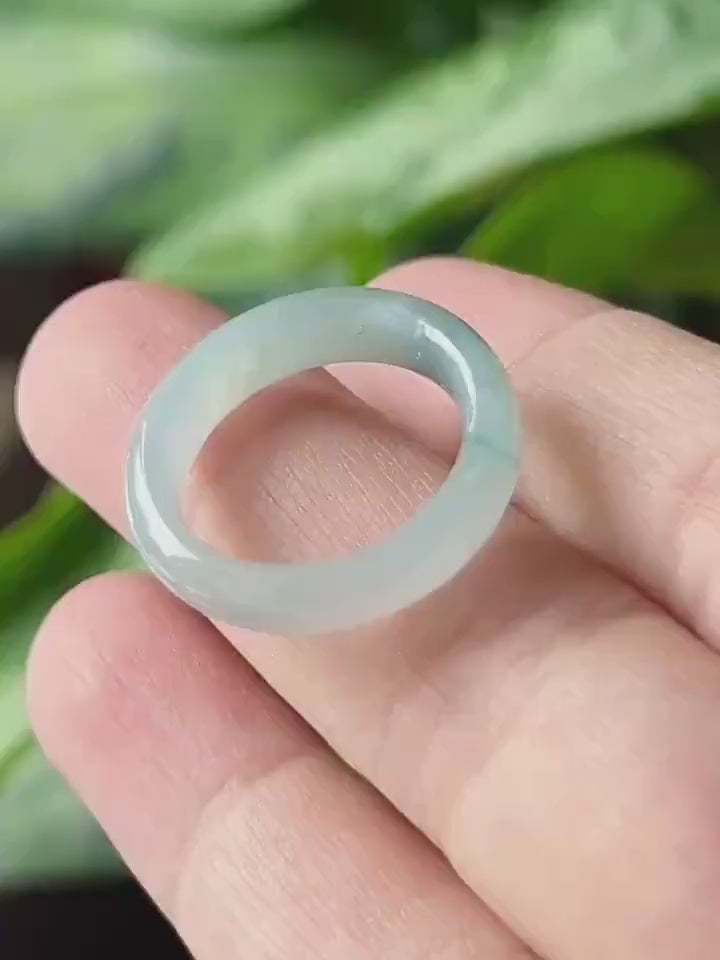 Natural Jadeite Ring Band | Burmese Type A Highly Translucent Icy Blue Base & Bluish Green Floral Jade | US Size 7