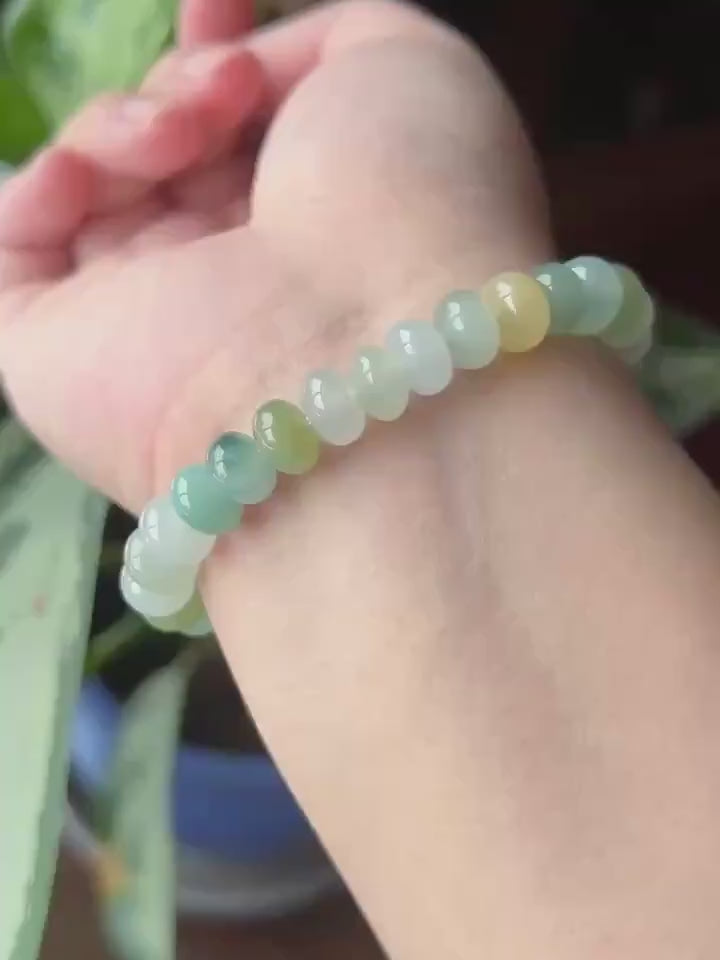 Natural Jade Beaded Bracelet | Burmese Type A Highly Translucent Icy Multicolor Jadeite 8.7mm