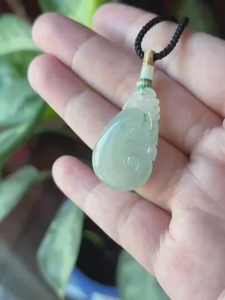 Natural Jadeite Ruyi Pendant Handwoven Necklace Burmese Type A Highly Translucent Icy Light Green Based Bluish Green Floral Jade