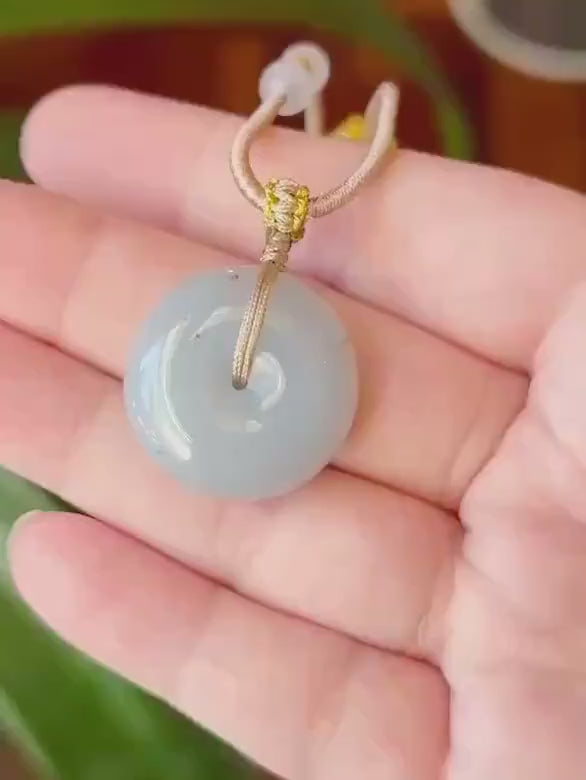 Certified Natural Jadeite Donut Pendant Adjustable Necklace Burmese Type A RARE Icy Smokey Blue Lavender & Red Floral Jade 24.6 x 9.8mm