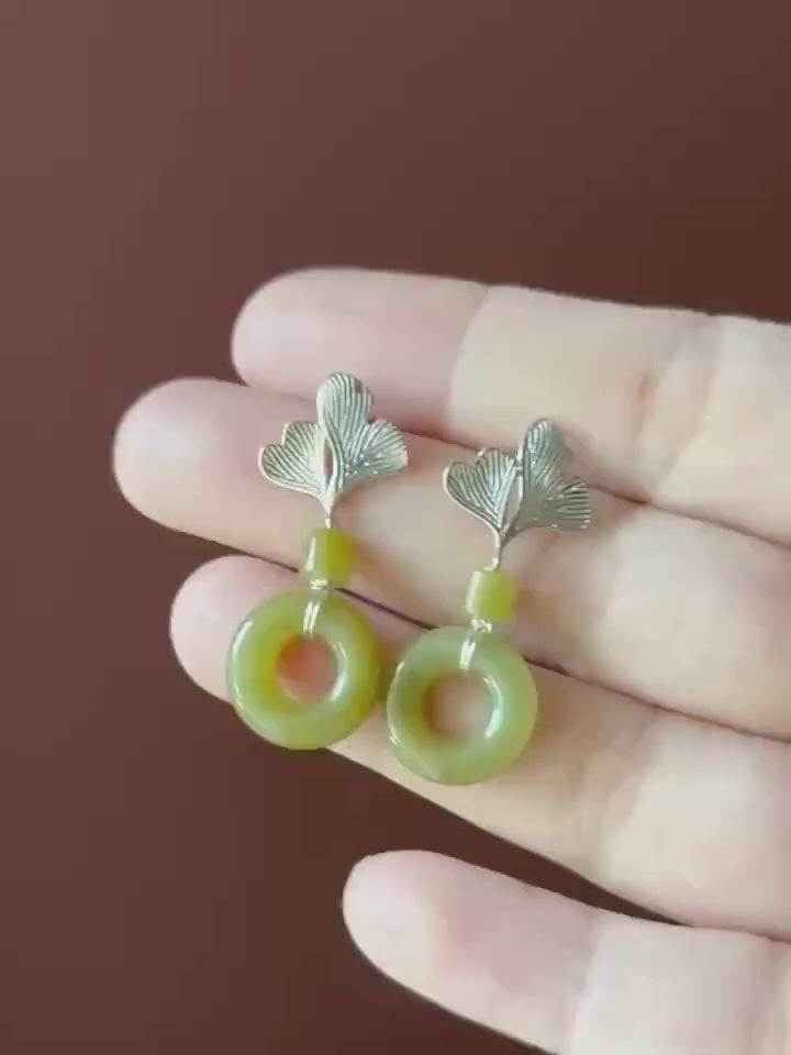 Certified Natural Jadeite Lucky Donut Earrings: Burmese Type A Icy Translucent Green Tea/ Olive Yellow Jade, Ginkgo Style Sterling Silver