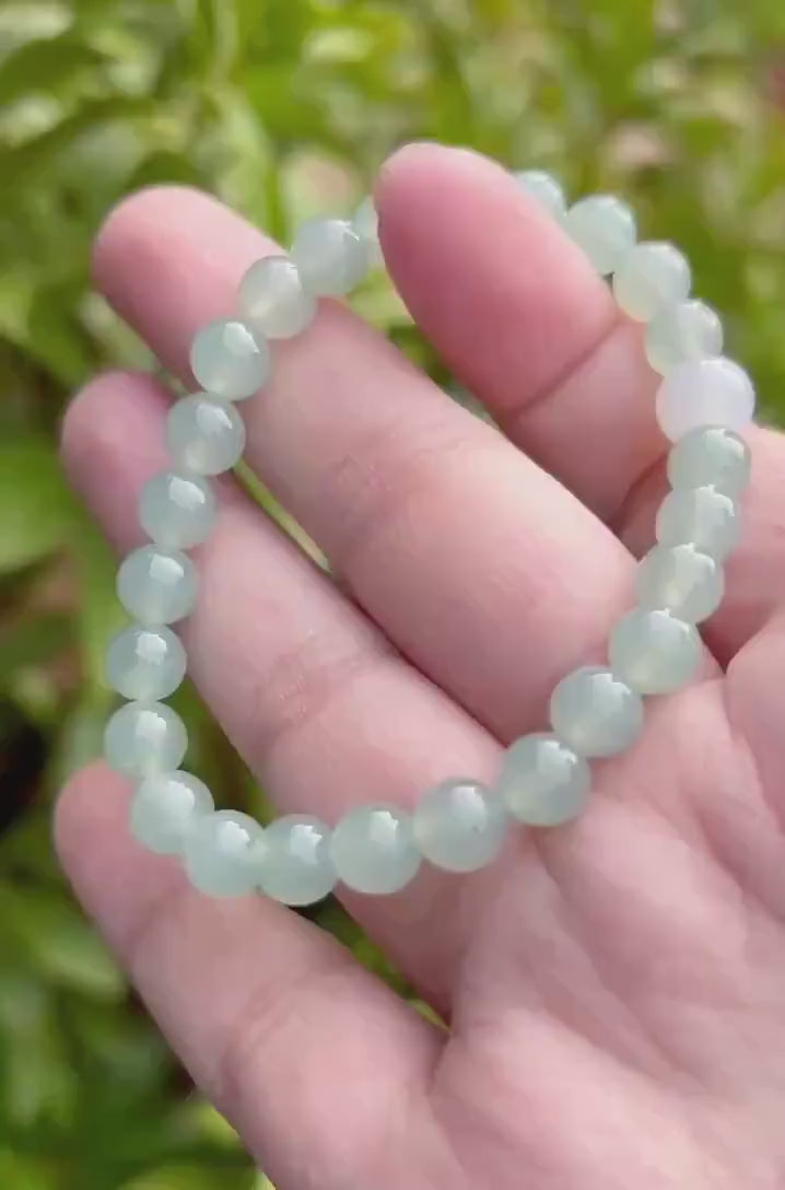 Natural Jadeite Beaded Bracelet Burmese Type A Super High Translucency Icy Clear Water Green/Blue Jade 7mm