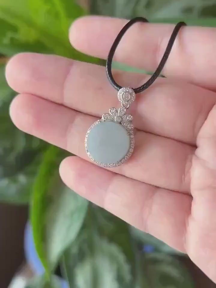 Natural Jadeite Peace Plaque Pendant Minimalist Jewelry Burmese Type A Highly Translucent Icy Blue Lavender Jade, 925 Sterling Silver