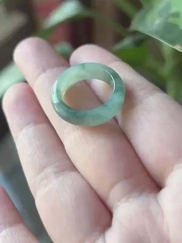 Certified Natural Jadeite Band Ring | Burmese Type A Translucent Icy Glutinous Bluish Green Floral Jade US - 6.25, 16.7mm