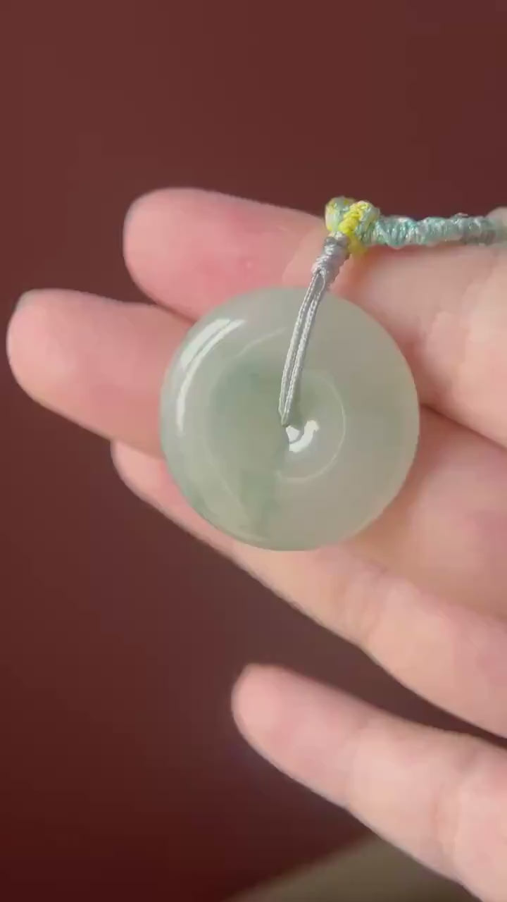 Natural Jadeite Jade Lucky Donut Pendant Handwoven Necklace Burmese Type A Icy Green Floral Jade PingAnKou 29.5x6.5mm