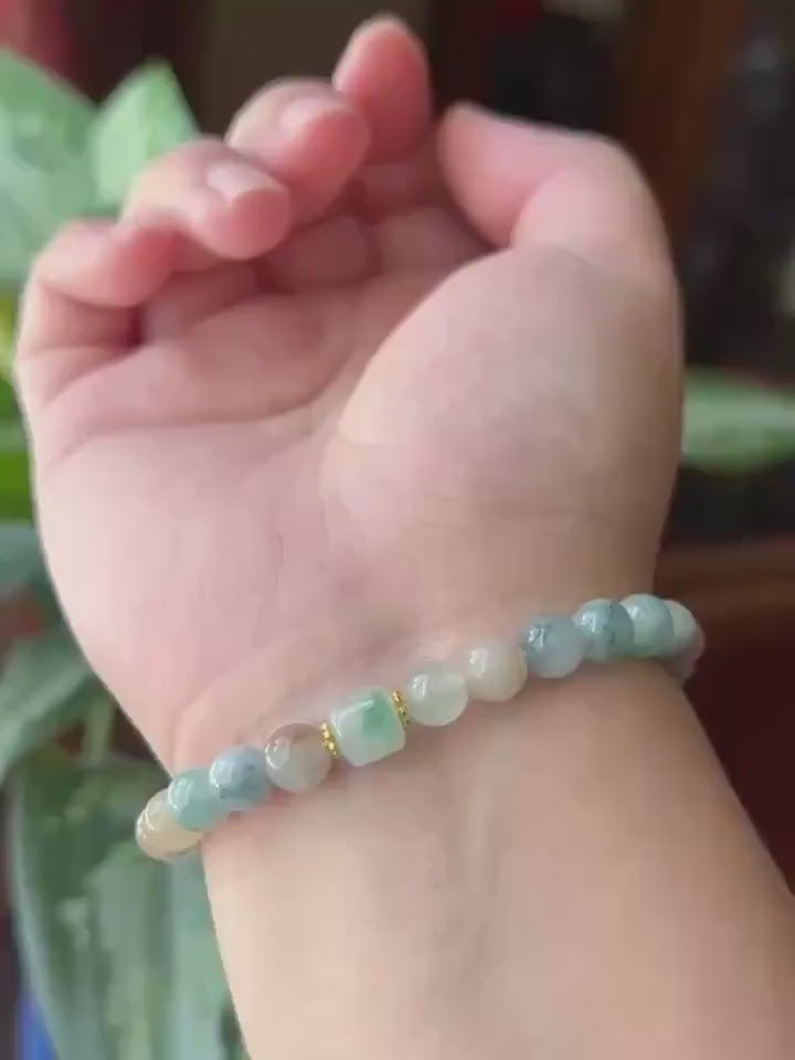 Natural Jadeite Beaded Bracelet Burmese Type A Icy Translucent Multicolor Floral Jade 7mm Minimalist Jewelry