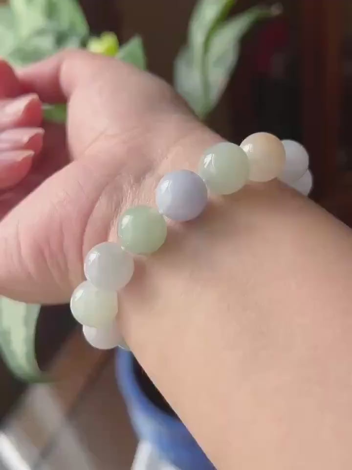 Natural Jadeite Beaded Bracelet, Burmese Type A Fine Translucent Icy Glutinous Macaron Multicolor Jade, 12.5mm