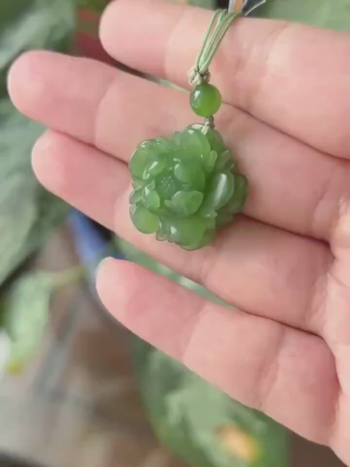 Natural Vivid Apple Green Nephrite Jade Peony Flower Pendant | Hand Carved Jade Necklace | Prosperity Amulet