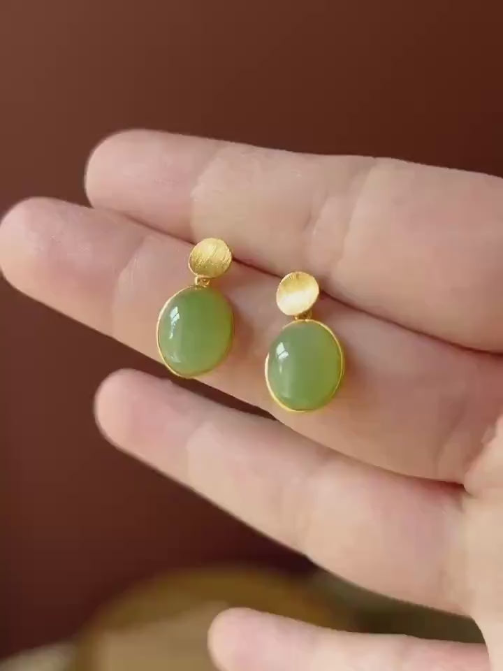 Natural Jade Cabochon Drop Earrings: Untreated Icy Glutinous Apple Green Nephrite Jade, 18k Gold Vermeil Sterling Silver