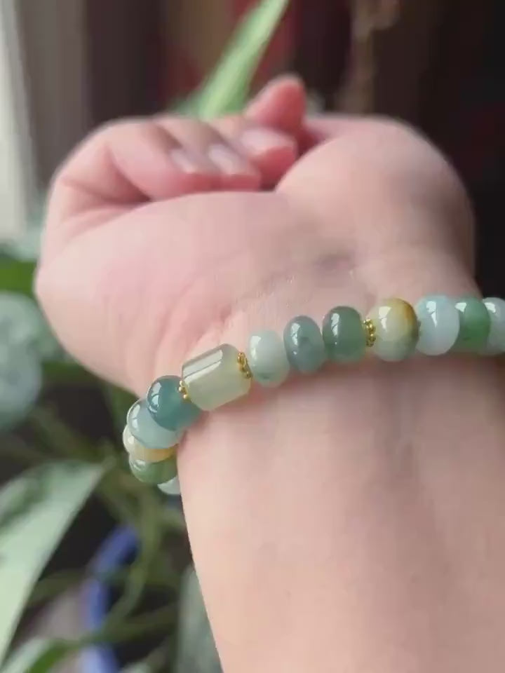 Natural Jadeite Beaded Bracelet Burmese Type A Translucent Icy Earthy Multicolor Floral Jade 8.5mm