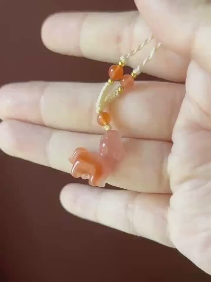 Natural Nanhong Agate Cute Horse Pendant Handwoven Necklace| Protection Amulet | South Red Floral Agate | Lucky Jade Charm