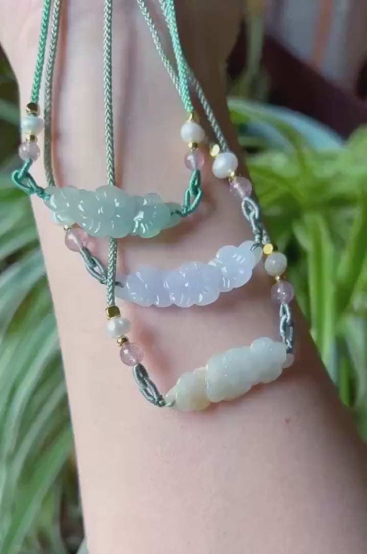 Jadeite Jade Crecent Pendant Jewelry Gift Natural Burmese Type A Translucent Icy Green Purple Yellow Jade Carved Flowers Handwowen Necklace