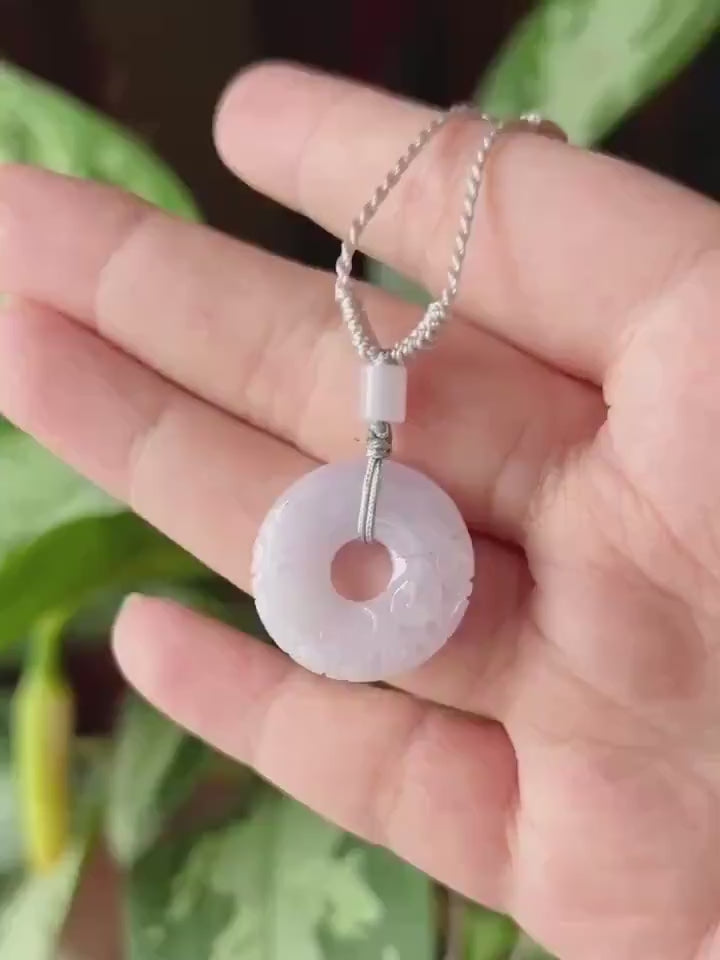 Certified Natural Jadeite Carved Donut Pendant Handwoven Necklace Burmese Type A Highly Translucent Icy Pinkish Purple Jade 22.8 x 4.7mm