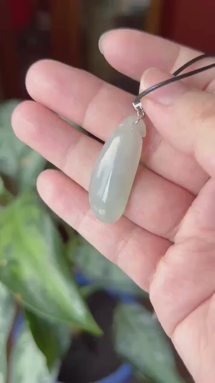 Certified Natural Burmese Type A Jadeite Lucky Gourd Pendant, Highly Translucent Icy Light Blue/Green Jade, Sterling Silver Bail