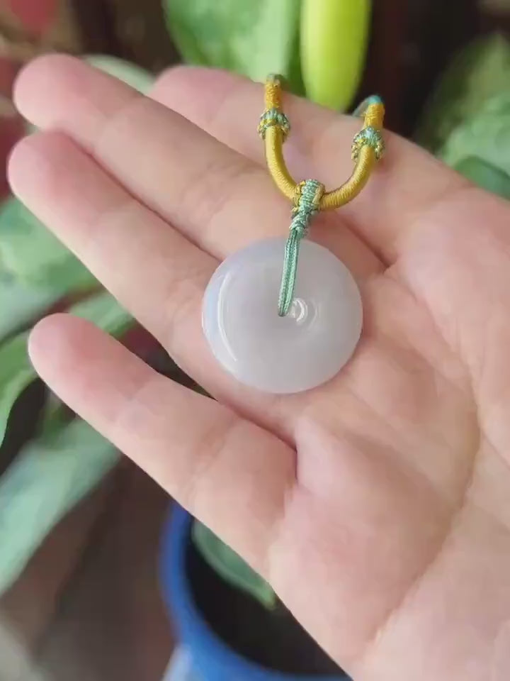Natural Jadeite Lucky Donut Pendant Handwoven Necklace Burmese Type A Translucent Icy Bluish Lavender Jade PingAnKou 25.4 x 5.8mm
