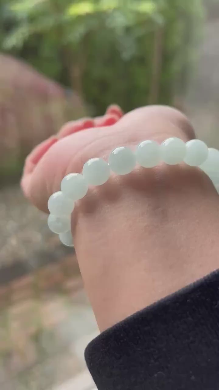 Natural Jadeite Beaded Bracelet Handmade Jewelry Gift for Her Burmese Type A Highly Translucent Icy Blue 9.5mm Jade