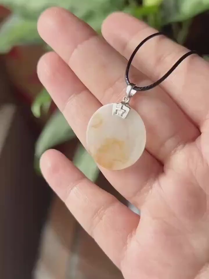 Natural Jadeite Peace Plaque Pendant| Sterling Silver Bail| Burmese Type A Translucent Icy White & Red Floral Jade