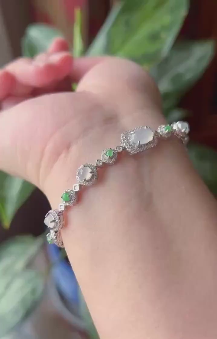 Certified Natural Jadeite Multi Cabochon Sterling Silver Bracelet - Burmese Type A Highly Translucent Icy White & Green Jade