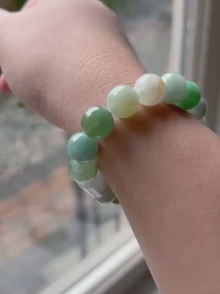 Burmese Jadeite Beaded Bracelet: Natural Type A Highly Translucent Icy Autumn Multicolor 11.5mm Myanmar Jade Untreated