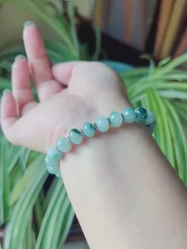 Jadeite Jade Beaded Bracelet Jewelry Gift for Her Natural Untreated Burmese Type A Icy Translucent Blue Floral 9mm Jade Drum Bead FeiCui
