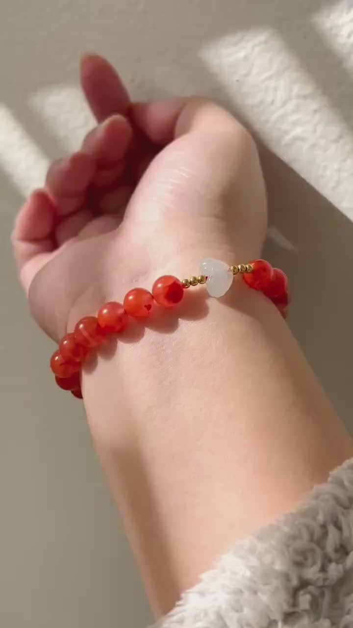 Natural Nanhong Agate Bracelet with Burmese Type A Icy Jadeite Focal Bead, 8mm Translucent Red Agate & Jade Bracelet