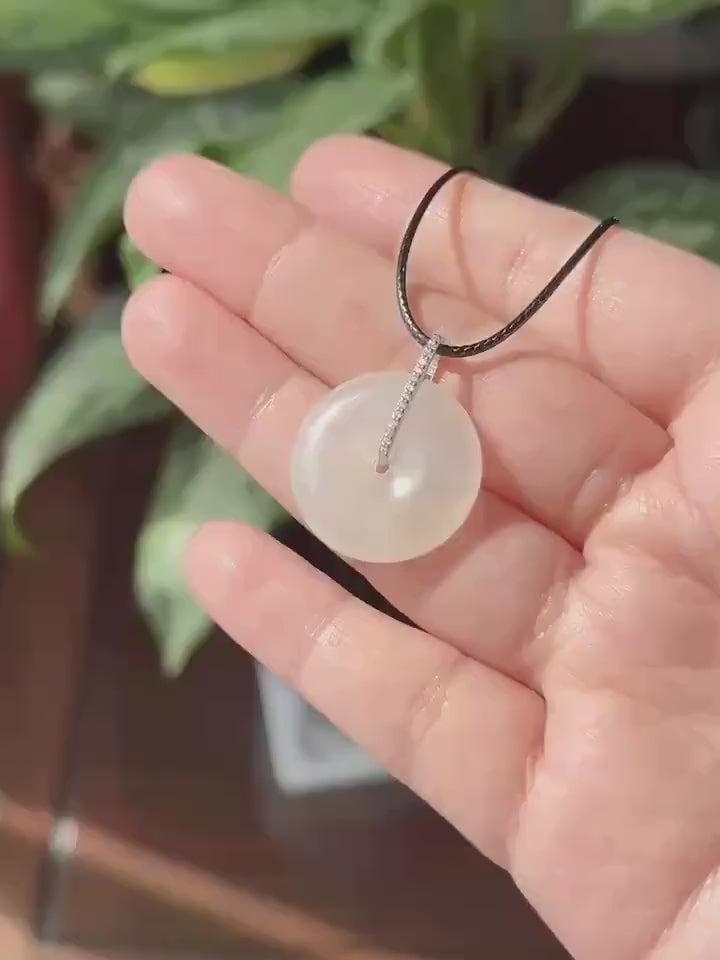 Natural Jadeite Lucky Donut Pendant| Sterling Silver Bail| Burmese Type A Highly Translucent Icy White Jade PingAnKou 23 x 5.6mm
