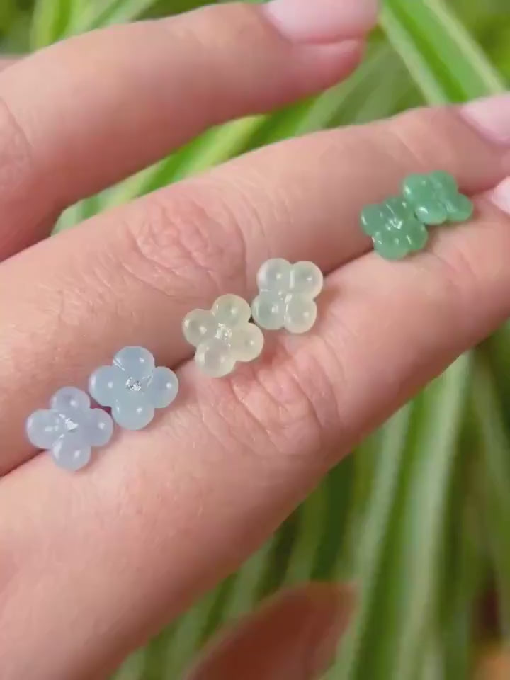 Jadeite Jade Flower Stud Earrings Handmade Jewelry Gift for Her Natural Burmese Type A Highly Translucent Icy Jade Earrings Sterling Silver