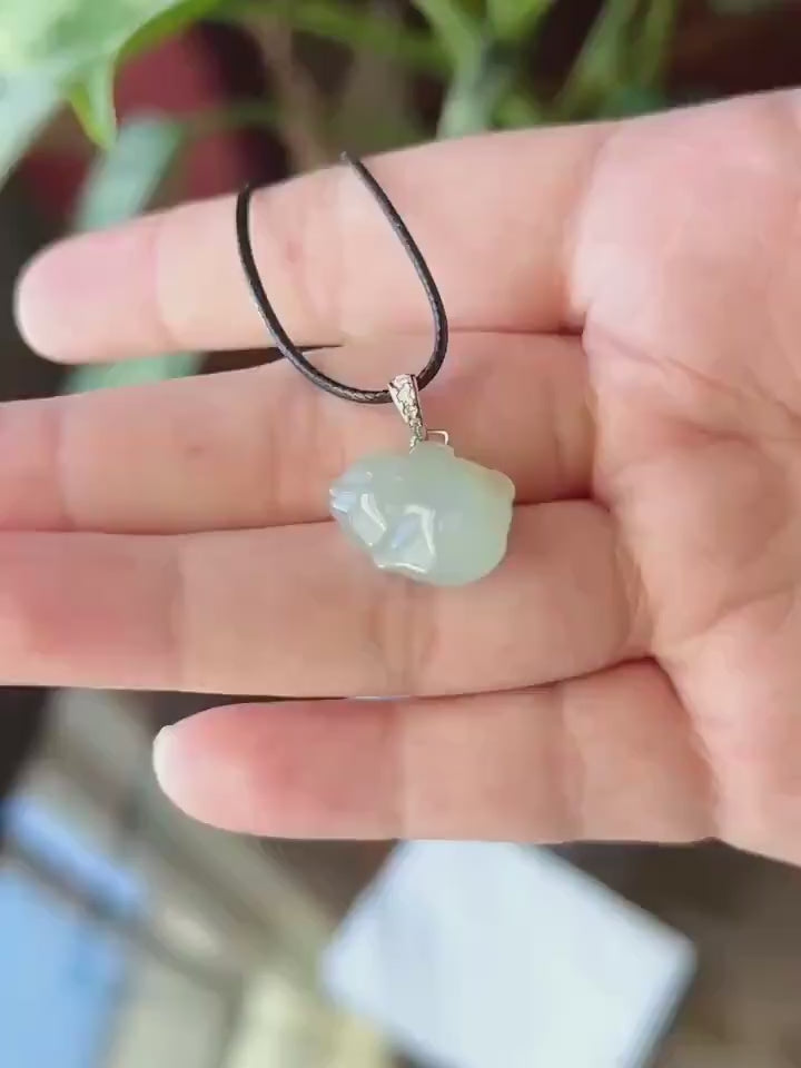 Natural Jadeite Bunny Pendant 925 Sterling Silver | Burmese Type A Translucent Icy Smoky Blue & Yellow Jade