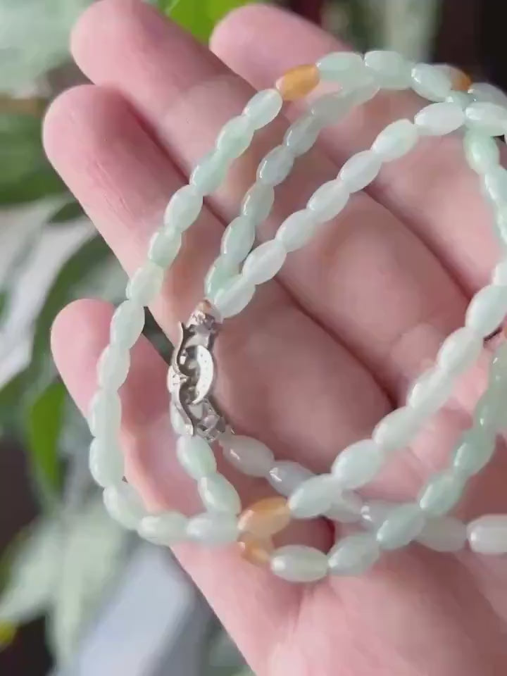 Certified Natural Jadeite Beaded Stacked Bracelet/Necklace Jewelry Burmese Type A Highly Translucent Icy Pale Green Jade Rice Beads 4mm
