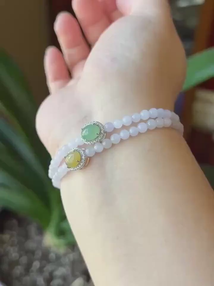 Natural Jadeite Beaded Bracelet – Burmese Type A Icy Pinkish Lavender Jade, 4mm, Icy Green/Honey Yellow Jadeite Cabochon, Minimalist Jewelry