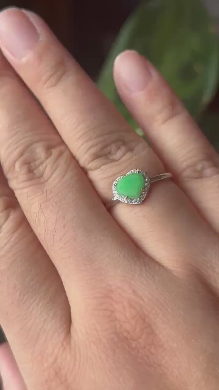 Natural Jadeite & Sterling Silver Adjustable Ring Band Burmese Type A Translucent Icy Vivid Yang Green Heart Jade