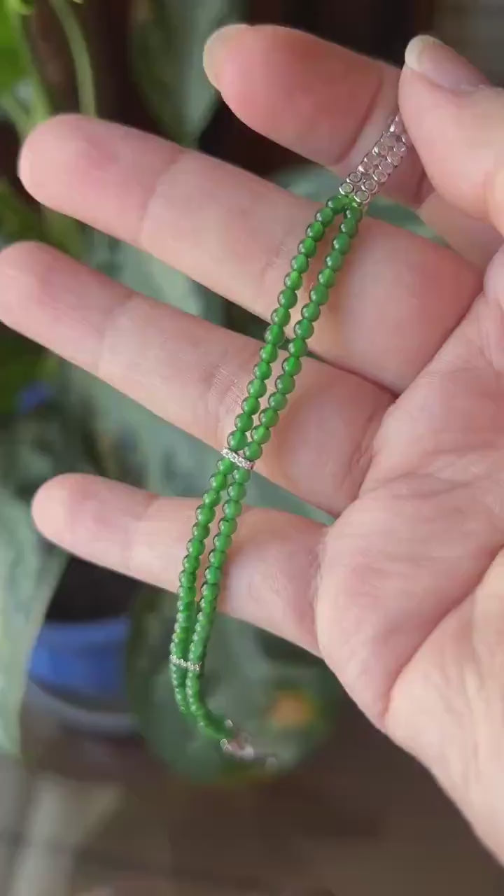 Natural Jadeite Beaded Bracelet, Guatemalan Type A Highly Translucent Icy Spicy Emerald Green Jade | 925 Sterling Silver