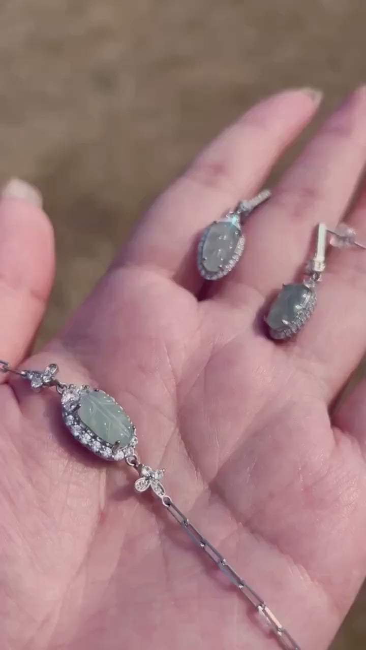 Certified Jadeite Earrings & Bracelet Jewelry Gift for Her 100% Untreated Icy Translucent Type A Jadeite Leaf Jewelry Set Handmade in Canada