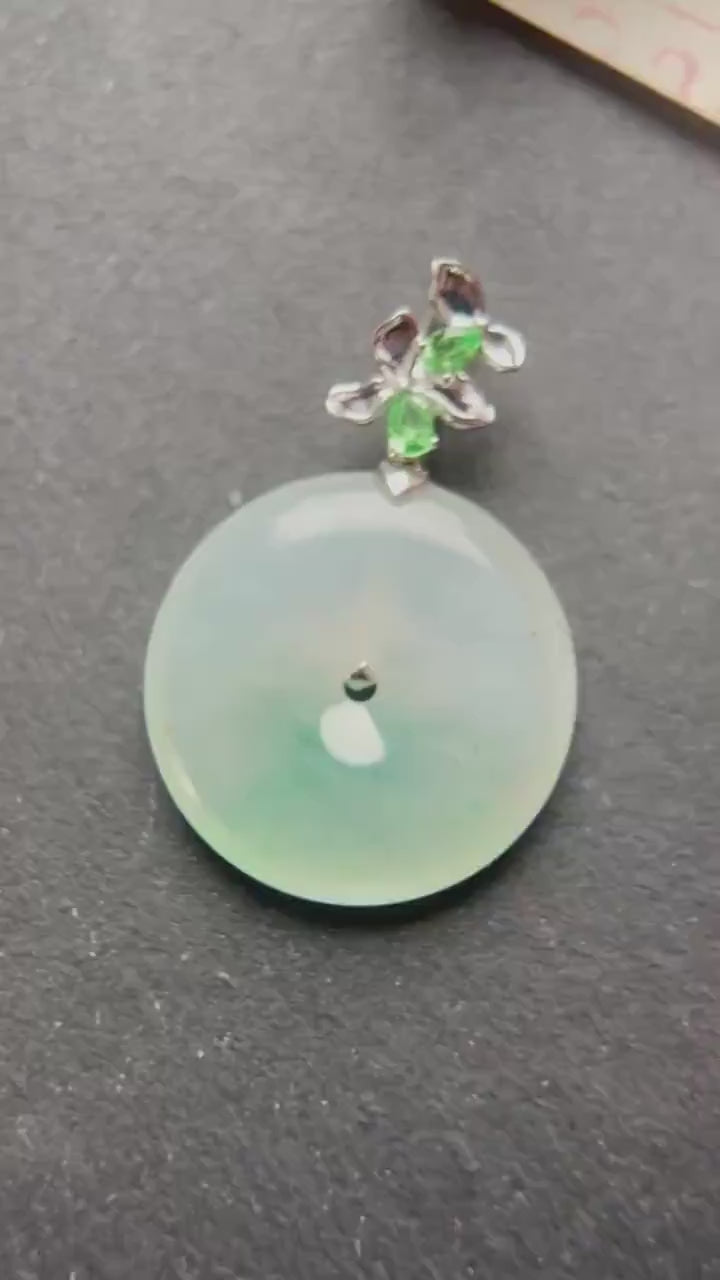 Natural Jadeite, Tsavorite & 18k Solid Gold Lucky Donut Pendant Burmese Type A Superior Translucency Green Floral Jade Certified
