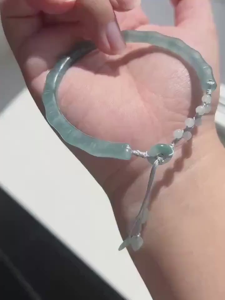 Natural Jadeite Bamboo Half Bangle Bracelet Adjustable 55–61mm Type A Highly Translucent Icy Blue Jade Handwoven Cord Minimalist Zen Style