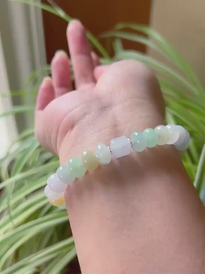 Jadeite Jade Beaded Bracelet Jewelry Gift for Mom Natural Burmese Type A Icy Highly Translucent Jadeite Multi-color Spring Color 9mm Jade