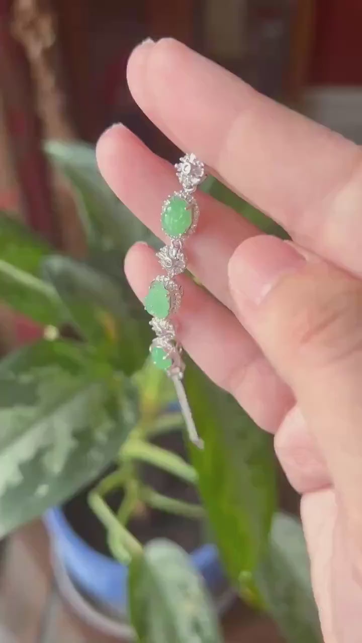 Certified Natural Jadeite Floral Bracelet, Burmese Type A Icy Translucent Vivid Green Jade Magnolia Peach Blossom Lingzhi Carving & Silver