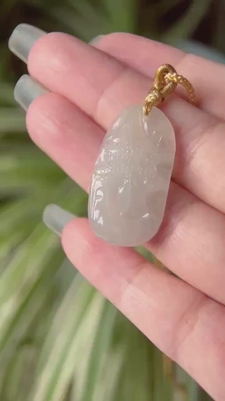 Burmese Icy White Jadeite Landscape Pendant Handwoven Necklace: Hand-Carved Natural Untreated Type A Myanmar Jade Jewelry