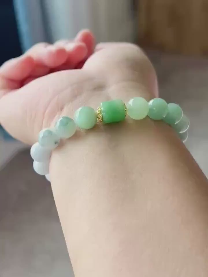 Natural Jadeite Beaded Bracelet, Burmese Type A Untreated Icy Translucent Gradient Blue and Green Jade, 9mm