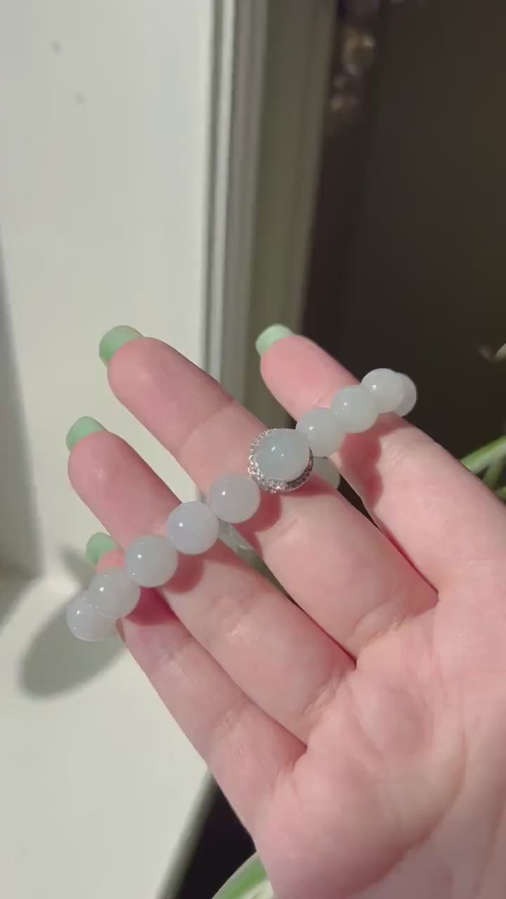 Jadeite Jade Beaded Bracelet Jewelry Hand-carved Bunny Gift for Her Burmese Natural Untreated Type A Translucent Icy White Jadeite 9.5mm