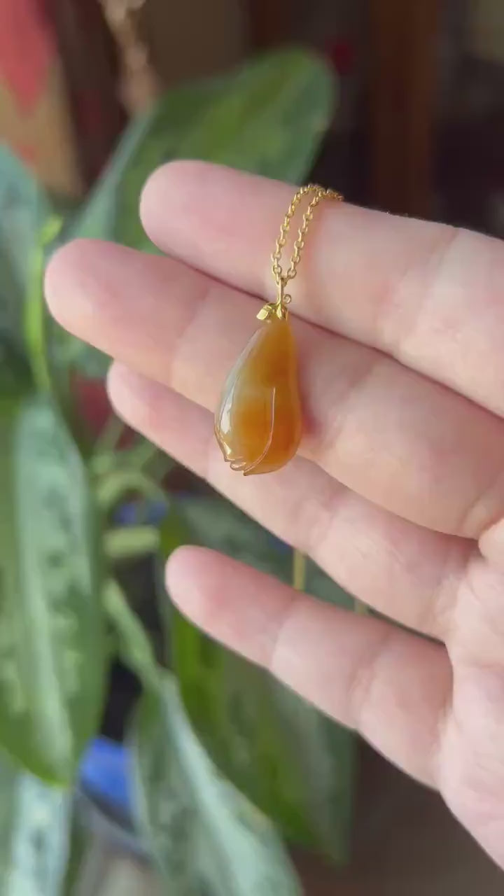Natural Jadeite Magnolia Pendant | Burmese Type A Highly Translucent Icy Unheated Red Jade, 18k Solid Gold Bail