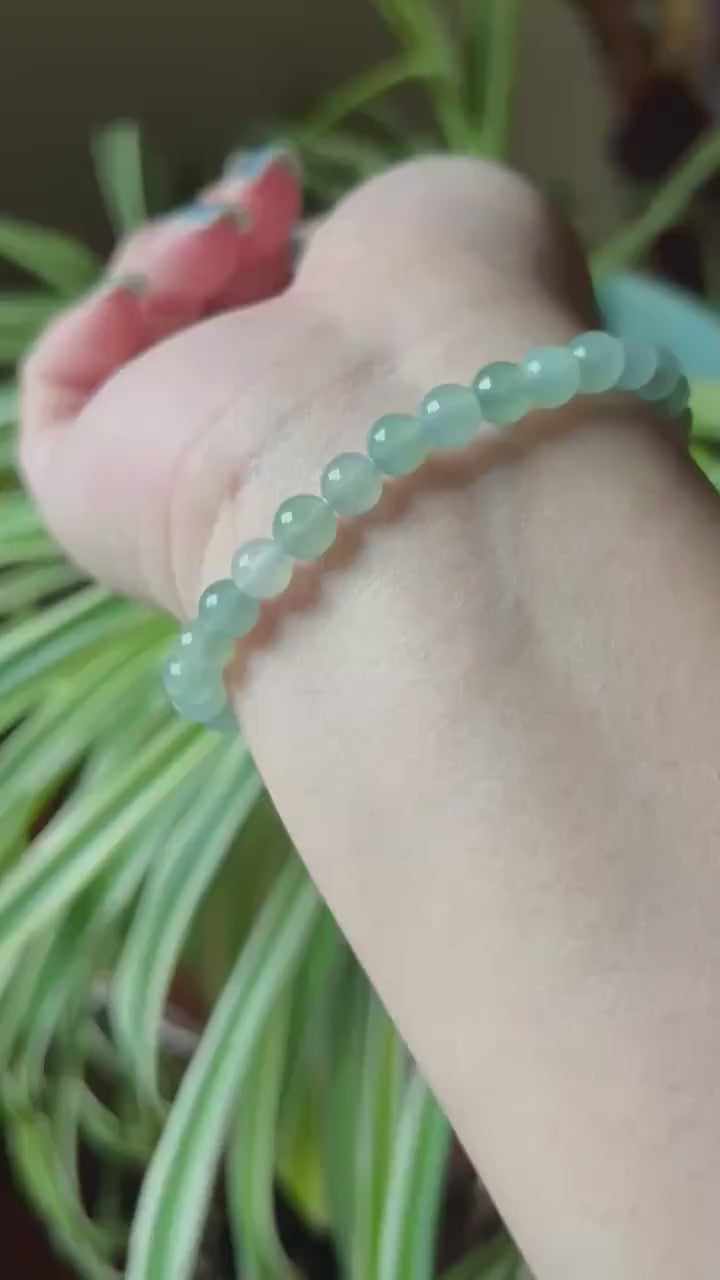 Natural Jadeite Beaded Bracelet Untreated Burmese Type A Icy Highly Translucent Clear Water Green 6.5mm Jade