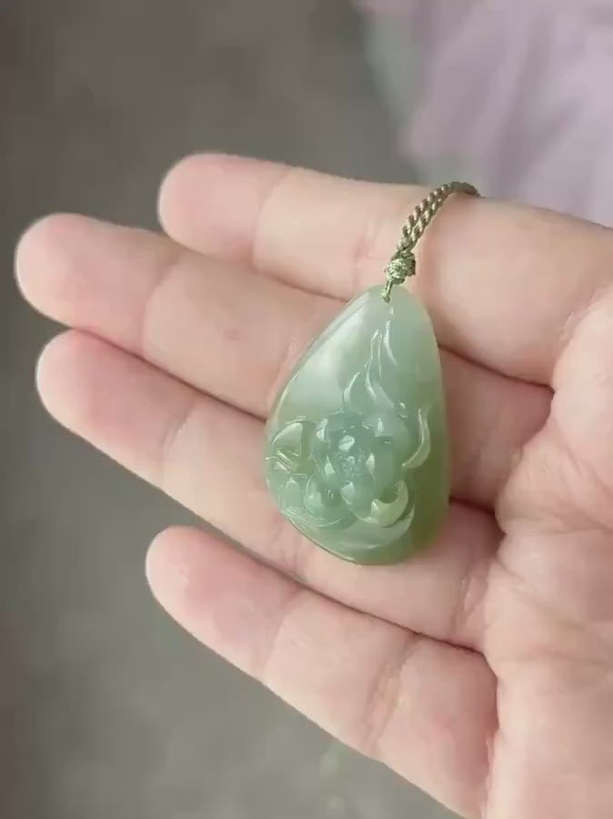 Natural Jadeite Lotus Pendant Burmese Type A Translucent Icy Glutinous Green-Tea-Yellow Jade, Handwoven Adjustable Cord